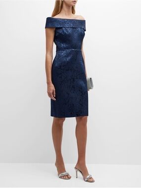 Rickie Freeman for Teri Jon Off-Shoulder Portrait-Collar Textured Jacquard Dress